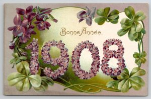 New Year Greetings 1909 Bonne Annee Floral Tuck Postcard Q25