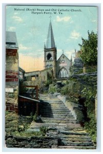 1911 Natural Rock Steps And Old Catholic Church Harpers Ferry WV Postcard 