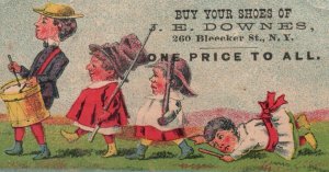 1880s-90s Children Marching Drum  E. Downes Shoes Bleeker St. NY Trade Card