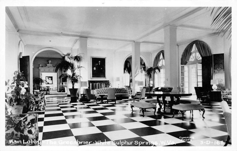 White Sulphur Springs West Virginia 1950s RPPC Photo Postcard Greenbriar Lobby