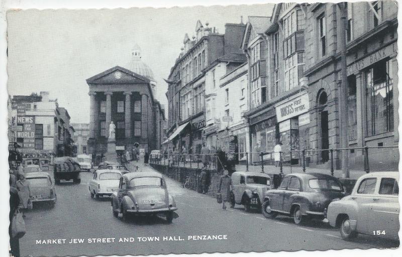 Market Jew Street and Town Hall, Penzance, England, postcard, used in 1962