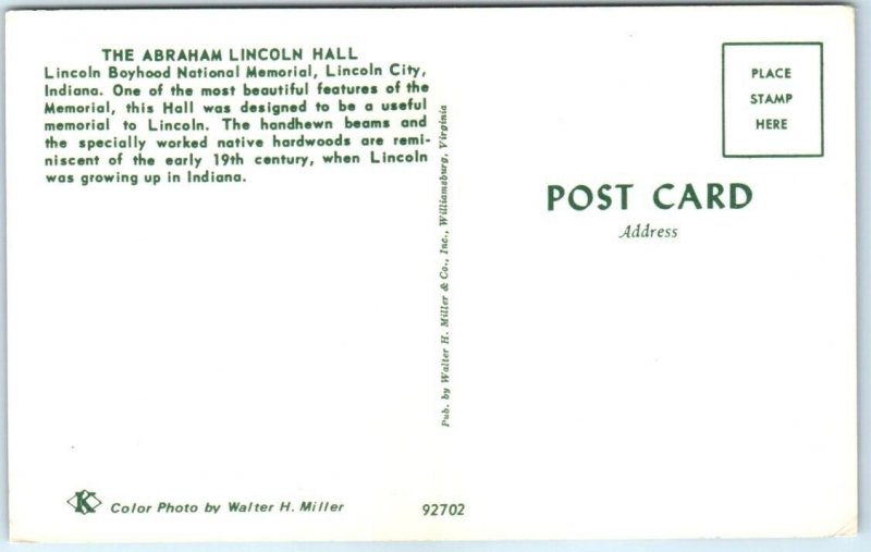 Postcard - The Abraham Lincoln Hall, Lincoln Boy National Memorial - Indiana 