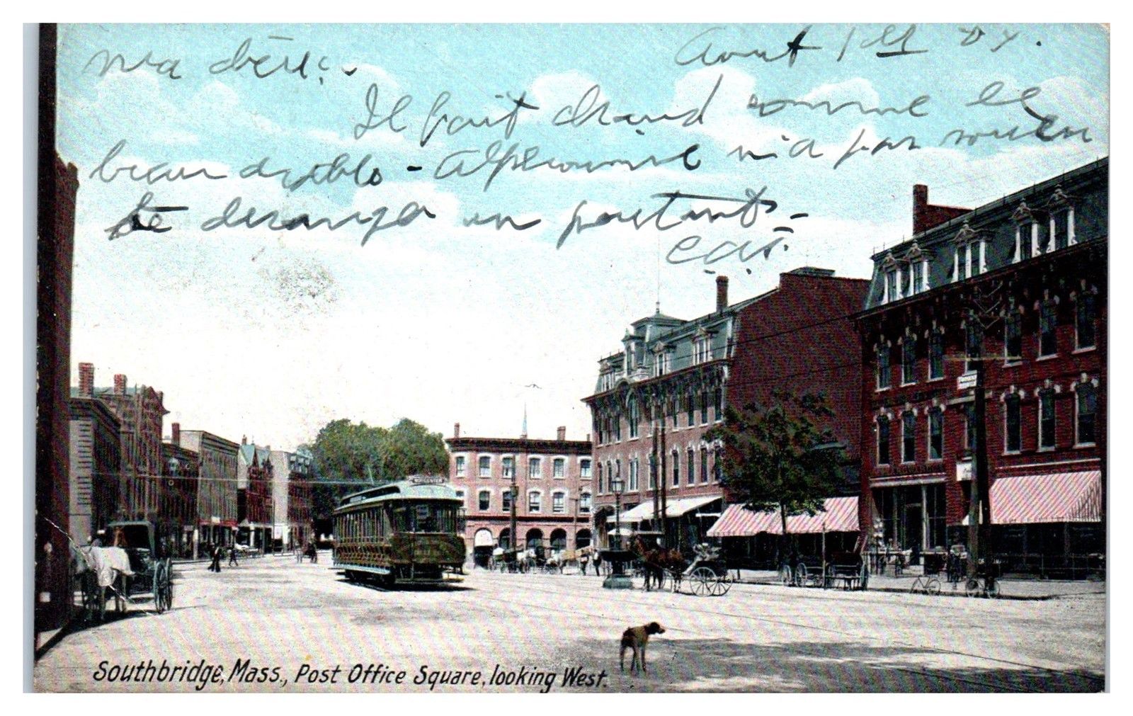1907 Post Office Square Trolley/Streetcar, Southbridge, MA Postcard