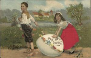 Easter - Kids w/ Giant Egg - Little Girl Real Silk Dress c1910 Postcard