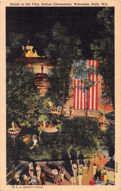 WISCONSIN DELLS WI STAND ROCK INDIAN CEREMONIAL SALUTE TO THE FLAG POSTCARD
