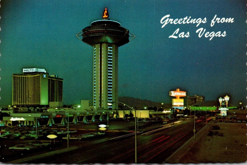 Nevada Las Vegas Greetings Showing The Hilton and Landmark Hotels At Night