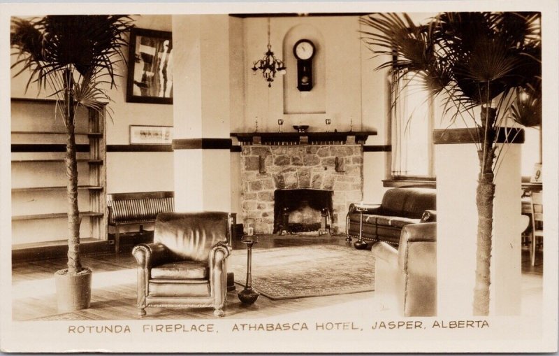 Athabasca Hotel Jasper Alberta Rotunda Fireplace Advertising RPPC Postcard H41