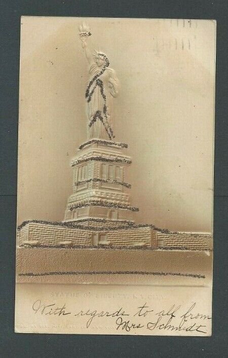 1906 Post Card NYC Statue Of Liberty Brown W/Glitter Airbrushed Embossed