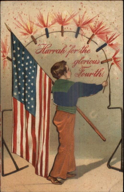 Boy American Flag Fireworks PFB w/ Applique SCARCE VERSION c1910 Postcard 