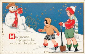 Embossed Art Deco Christmas Postcard C-84 Children & Snowman Starry Sky Unposted
