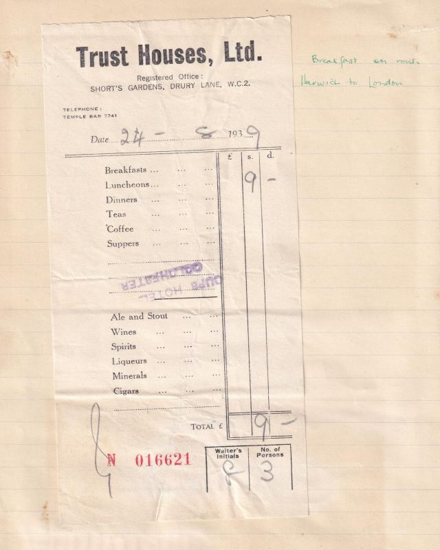 Colchester Harwich to London 1939 Breakfast Trust House Forte WW2 Receipt