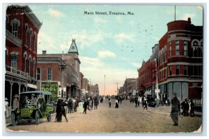 1913 Main Street Busy Day Buildings Road Classic Cars Trenton Missouri Postcard