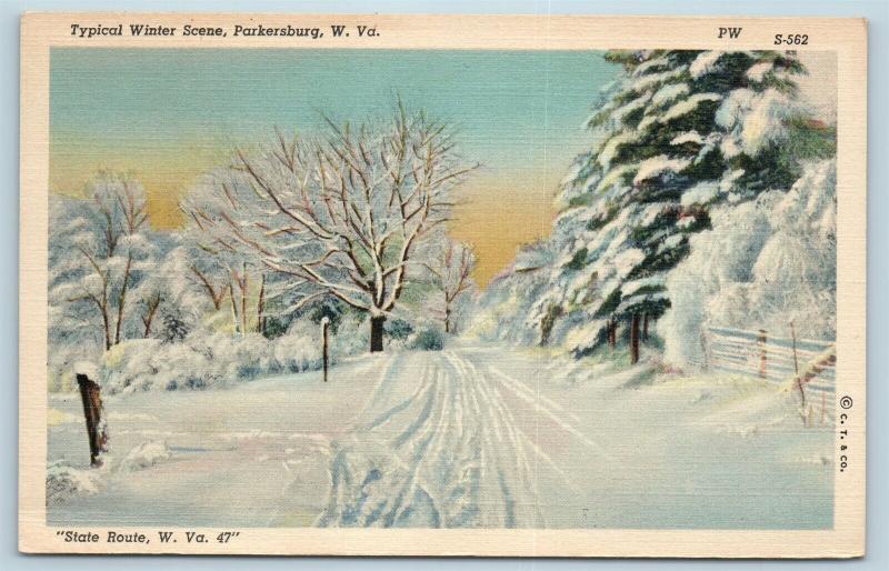 Postcard WV Parkersburg Typical Winter Scene on Route 47 Vintage Linen J23