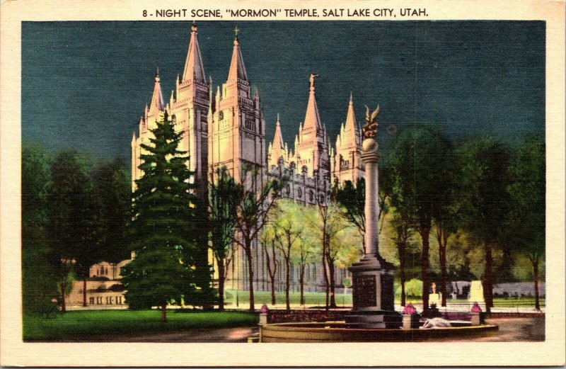 Night Scene Mormon Temple Salt Lake City Utah Vintage Linen Postcard Latter Day 