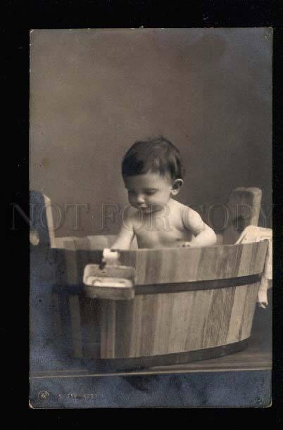 044604 Boy in Wooden Basin. Vintage PHOTO