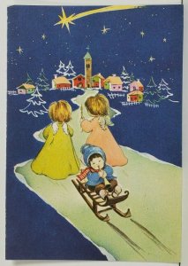 Christmas Adorable Little Angels Headed to Church & Boy Sledding Postcard P2