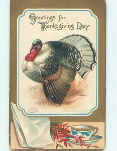 Pre-Linen thanksgiving signed CLAPSADDLE - TURKEY WITH CUP AND SAUCER HQ7619