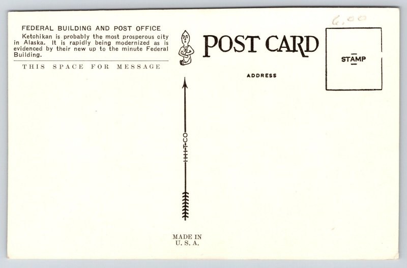Ketchikan Alaska~Federal Bldg~Post Office~Mt~Harbor~Reflection~1920s Postcard