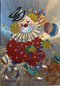 Shiny Metallic CLOWN On BICYCLE Puppy~Balloons OVERSIZE 4X6 England Postcard