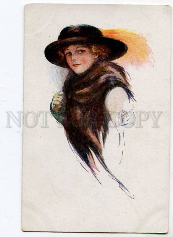 261954 FASHION Lady BELLE Lady in Fur HAT by BARBER vintage PC