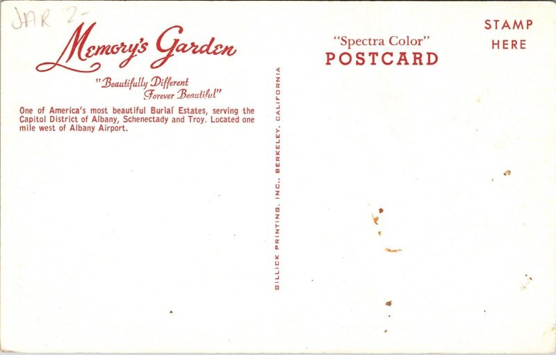 Memorys Garden Americas Burial Estate Capitol District Albany Troy Unp Postcard 