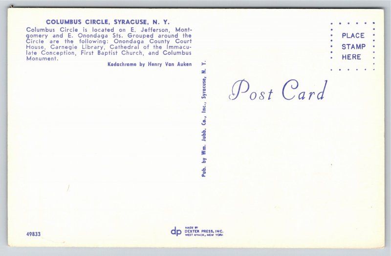 Syracuse New York~Columbus Circle & Statue~Vintage Postcard