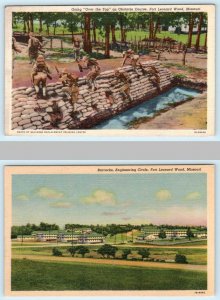 2 Postcards FORT LEONARD WOOD, MO ~ Barracks & OBSTACLE COURSE c1940s WWII Era