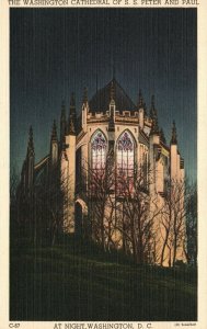 Vintage Postcard 1930's The Washington Cathedral S.S. Peter & Paul at Night DC