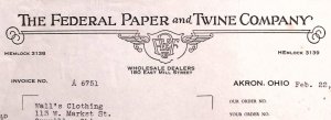 1938 THE FEDERAL PAPER & TWINE CO AKRON OHIO ORRVILLE BILLHEAD STATEMENT Z369