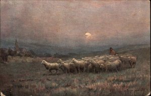 Tuck Oilette The Shepherd With Sheep at Dusk c1910 Vintage Postcard