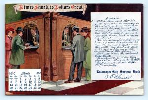 Postcard MI Kalamazoo City Savings Bank 1910 Calendar March Dimes Saved B37