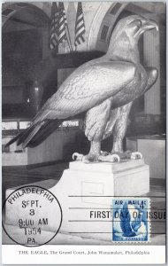 Vintage Postcard 1954 The Eagle at John Wanamaker Philadelphia ON FIRST DAY RARE