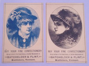 1800s Lot of 2 Actress Brattleboro VT Confectionery Batchelder Flint Trade Card