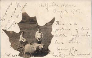 1907 Children with Lambs Sheep Leaf Frame Effect Ashfield MA Real Photo Postcard