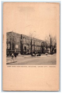 Union City Indiana IN Postcard West Side High School Building Scene Street c1930