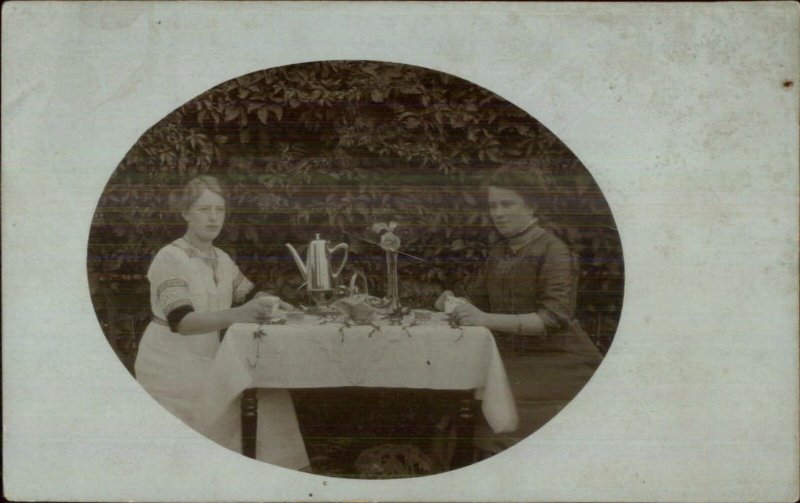 Women Having Tea Outdoors Teapot Pot c1910 Real Photo Postcard AMATEUR 