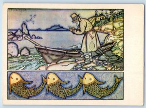 Russia Postcard Gold Fish Fisherman Tale Water Colour Russian Museum c1950's