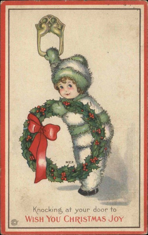 M.E.P. Christmas Stecher 738E Child with Wreath c1920 Vintage Postcard