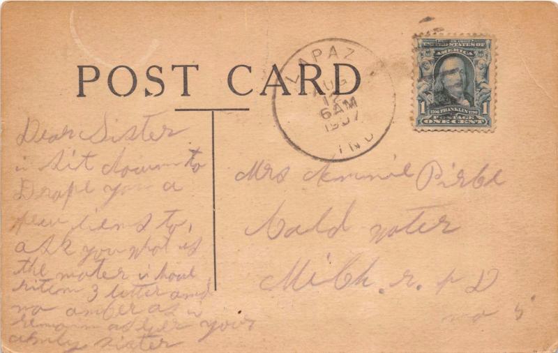 LAPAZ INDIANA POSTMARK~GIRL FISHING~I'M DROPPING YOU A LINE FROM~POSTCARD 1907