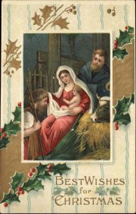 Christmas Nativity Scene Holly Gilt Embossed c1900s-20s Postcard