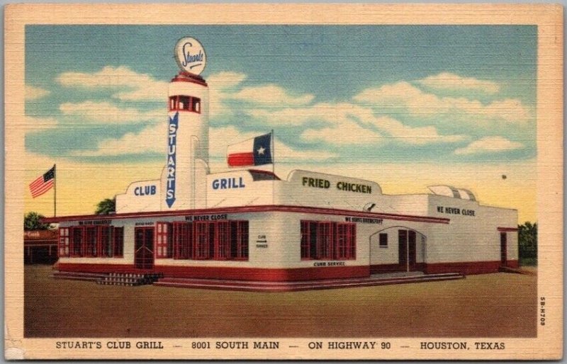 HOUSTON, Texas Postcard STUART'S CLUB GRILL Highway 90 Roadside Linen