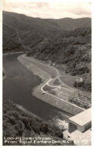Vintage Postcard 1954 Looking Down Stream From Top Of Fontana Dam NC RPPC
