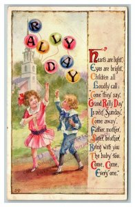 Vintage 1915 Rally Day Postcard Cute Children Play Colored Balloons Church