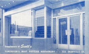 VANCOUVER BC CANADA SCOTT'S RESTAURANT ON GRANVILLE ST PROMO  POSTCARD 1960s