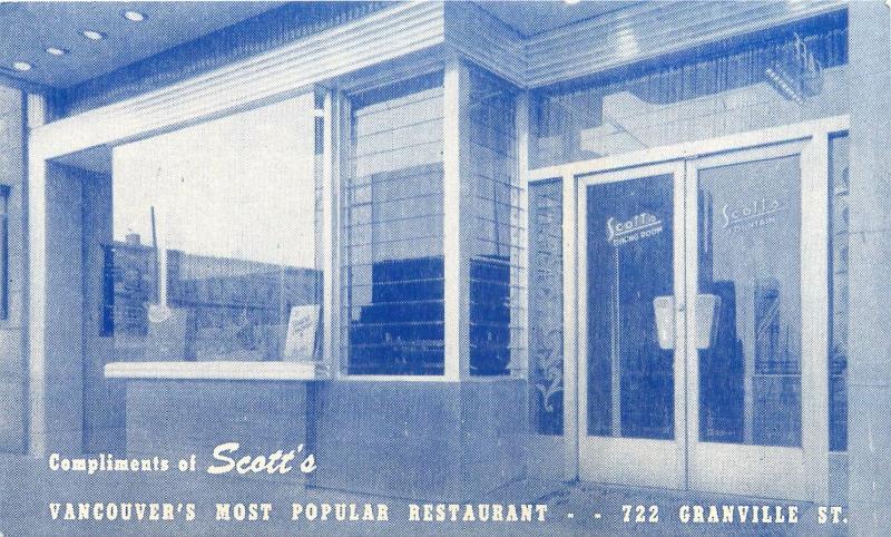 VANCOUVER BC CANADA SCOTT'S RESTAURANT ON GRANVILLE ST PROMO  POSTCARD 1960s