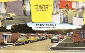 Sioux City, IA Iowa  COREY CABINS Motel~Kitchenette~50's Cars ROADSIDE Postcard