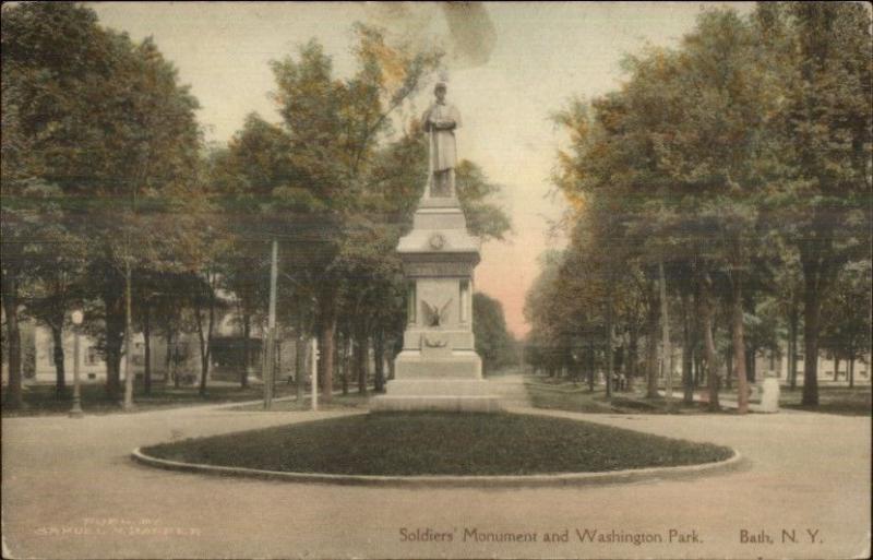 Bath NY Washington Park Monument c1915 Hand Colored Postcard