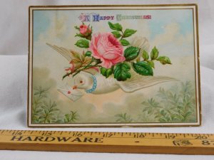 Large Embossed Victorian Christmas Trade Card White Dove Letter Pink Roses #I