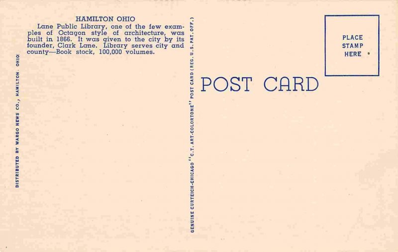 Lane Public Library Hamilton Ohio linen postcard