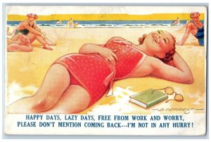 1939 Lazy Days Free From Work Girl Swimsuit Beach Bathing Vintage Postcard